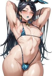 1boy 1femboy 2025 ai_generated armpits arms_up belly bikini bikini_top bikini_top_aside blush bulge choker crossdressing femboy femboy_pubic_hair feminine_male girly hairy_armpits highleg highleg_bikini hourglass_figure hourglass_figured_femboy long_hair looking_at_viewer mole mole_on_pectoral navel nipples pectorals pubic_hair pubic_hair_peek simple_background solo standing trap white_background wide_hips yellow_eyes yetw