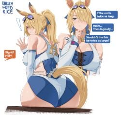 ! 1girl absurdres animal_ears ass blonde_hair blue_one-piece_swimsuit breasts detached_sleeves english_text goggles goggles_on_head hair_over_one_eye high_ponytail highres horse_ears horse_girl horse_tail large_breasts long_hair multiple_views official_alternate_costume one-piece_swimsuit ponytail sigrid_de_l'azur simple_background sitting speech_bubble swim_goggles swimsuit tail two-tone_one-piece_swimsuit unrulyfriedrice white_background white_one-piece_swimsuit white_sleeves zenless_zone_zero