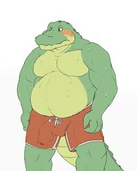 1boy alligator anthro belly blush clothing crocodilian erection erection_under_clothes gator_(artist) male male_only reptile scalie slightly_chubby solo swimming_trunks swimsuit