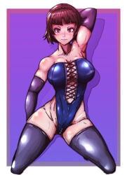 1girls armpit_showing armwear big_breasts hand_behind_head makoto_niijima oppaotintin persona persona_5 textless thick_thighs