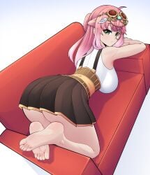 1girls 2d 2d_(artwork) aivy_lovencraft ass ass_focus back back_view butt butt_focus clothing feet female female_only goggles goggles_on_head hispanic_virtual_youtuber indie_virtual_youtuber konanexe latam_virtual_youtuber light-skinned_female light_skin long_hair looking_at_viewer naked pink_hair sofa solo virtual_youtuber vtuber vtuberfanart
