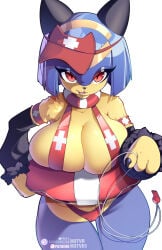 1girl animal_ears black_claws blue_hair body_fur breasts cat_ears cat_girl cleavage commentary english_commentary furry furry_female highres hot_vr large_breasts lifeguard looking_at_viewer one-piece_swimsuit open_mouth pal_(creature) palworld pocketpair pointing pointing_at_viewer red_eyes red_one-piece_swimsuit sekhmet_(pal) sekhmet_(palworld) short_hair skindentation slingshot_swimsuit solo swimsuit yellow_fur