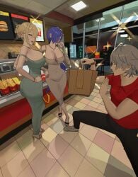 1boy 2girls breasts cleavage dress evelyn_chevalier female ficoemirrio large_breasts light-skinned_female light_skin male promeia_(zenless_zone_zero) thick_thighs thighs tight_clothing wide_hips wise_(zenless_zone_zero) zenless_zone_zero