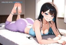 1girl ai_assisted ai_generated anklet bare_shoulders barefeet bedroom cleavage curvy_body detailed_feet eyes_half_closed feet_up grin laura_kinney long_hair looking_at_viewer narrow_waist petite prone_position round_ass small_breasts soft_breasts the_pose tired wide_hips