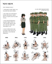 barefoot black_hair blowjob color dialogue doggy_style face_fucking fellatio female_soldier gogocherry irrumatio korean_text multiple_boys multiple_girls nipples oral sex_slave soldier text translation_request uniform