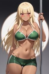 1girl ai-created ai_generated bangs bare_arms bare_shoulders bikini bikini_shorts blonde_hair blunt_bangs blush boyshorts breasts busty cameltoe clavicle cleavage closed_mouth clothing dancing dark-skinned_female dark_skin eyebrows female female_only gokukoku_no_brynhildr green_bikini green_clothing green_panties green_shorts green_swimsuit green_underwear halterneck hand_up high_resolution highleg holding holding_pole large_breasts long_hair looking_at_viewer mole mole_under_eye navel pantsu panty_straps pole pole_dancing portrait red_eyes rena_aikawa_(pixiv_user) short_shorts shorts smile solo standing stomach stripper stripper_pole swimsuit tachibana_mina_(gokukoku_no_brynhildr) thigh_gap thighs underboob underwear v-shaped_eyebrows very_long_hair