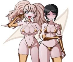 2girls belly_button bikini black_hair blonde_hair_female blue_eyes blush curvy danganronpa danganronpa:_trigger_happy_havoc embarrassed freckles golden_bikini golden_week hair_ornament holding_arm huge_breasts junko_enoshima leggings looking_down middinos midnightdindins mukuro_ikusaba short_hair sisters sleeves small_breasts smile sweat tongue_out twin_tails wink