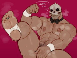 1boy 5_fingers 5_toes black_nails black_sclera bowtie bowtie_collar chest_hair crane_(roseyskull) cuffs_(clothing) dripping_sweat erect_nipples flexing_bicep foot_focus happy_trail looking_at_viewer male male_only muscles muscular muscular_male naked one_eye_closed original_character pink_eyes roseyskull simple_background skull_head solo solo_male sweat sweatdrop tagme text text_bubble toe_ring tongue_out