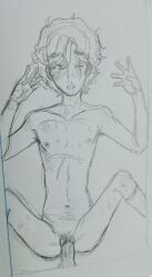 bush bushy_pubes cuntboy cuntboy_penetrated dark-skinned_male hiroki_kamijou junjou_romantica kamijou_hiroki laying_down light-skinned_male male middle_aged_male pubic_hair short_hair skinny_male traditional_media_(artwork) vagina vaginal_penetration