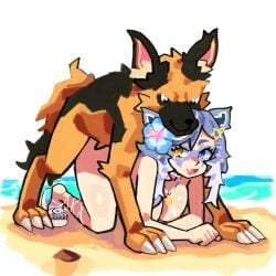 ambiguous_penetration animal_ears beach blue_hair canine doggy_style feral_on_female flower_in_hair german_shepherd heterochromia large_breasts lu_blu mouth_open nude raccoon_girl sandals smiling snuffy virtual_youtuber zoophilia