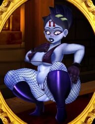 1girls areola_peek ass big_areola big_ass big_breasts black_hair black_lipstick blushing breasts buckteeth chubby crabtopus crash_(series) crash_bandicoot_(series) eyeliner fishnets gloves goth hand_on_hip high_heels juicy_lips large_ass mirror nervous nina_cortex purple_skin pussy pussy_peek short_hair squatting sweat thick_thighs thighs thunder_thighs voluptuous_female