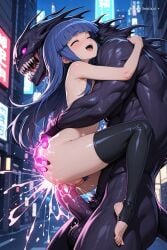 1girl ai_assisted ai_generated anal_sex attack barefoot barely_clothed blue_hair blurry_background city closed_eyes double_penetration fighting_stance foot_fetish from_side full_body_view furude_rika glowing higurashi_no_naku_koro_ni light_particles naked_pussy open_mouth parody perfect_anatomy perky_breasts pink_bow purple_eyes rika rough_sex school_uniform science_fiction sex_from_behind smile toeless_legwear uncensored vaginal_sex