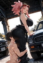 1boy 1girl ai_assisted ai_generated ass bare_shoulders black_hair boku_no_hero_academia breasts car curvaceous curvy curvy_female curvy_figure female goggles goggles_on_head ground_vehicle huge_breasts large_breasts looking_at_viewer mei_hatsume miyuai motor_vehicle motorcycle my_hero_academia pants pink_hair ponytail sitting smile thick thick_ass thick_butt thick_hips thick_legs thick_thighs voluptuous voluptuous_female wide_hips wide_thighs yellow_eyes
