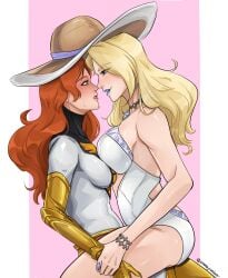 2girls blonde blonde_female blush emma_frost emma_frost_(marvel_rivals) emma_frost_(white_wave_queen) female female_only jean_grey marvel marvel_rivals phoenix_(marvel_rivals) phoenix_(x-men) red_hair red_hair_female seductive simple_background sitting_on_person spicycheese x-men yuri