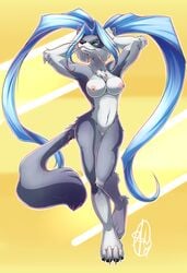 ahro blue_hair breasts clitoris feline female furry mammal nipples pinup pussy standing tied_hair twintails