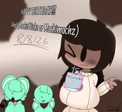 1girl big_breasts birthday black_tail blush brown_eyes brown_hair brown_skin cake_on_breasts closed_eyes dress female_focus happy_birthday mint_fur moch_(sprunki) mochimochz mouse_ears mouse_girl mouse_tail open_mouth simple_background sprunki sprunki_oc teeth text tongue tongue_out