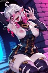 1girl ai_generated arzagod big_breasts blush briar_(league_of_legends) colored_skin dark_makeup gradient_hair grey_eyes grey_hair grey_skin hair_between_eyes large_breasts league_of_legends makeup perfect_legs pink_hair short_hair tagme thick_thighs tongue_out vampire white_eyes
