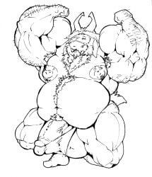 anthro armpit_hair armpits asgore_dreemurr balls bara barazoku beard belly big_belly bobert bulge deltarune facial_hair flaccid flexing furry goat hyper male male_only monochrome muscles muscular overweight penis solo solo_male undertale_(series)