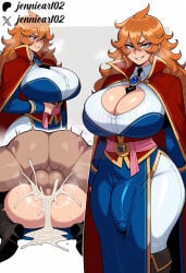 1boy 1girl ai_generated alternate_breast_size anal ass blue_eyes blush boots boy_on_top breasts brooch bulge cape cleavage cleavage_cutout clothed_sex clothing clothing_cutout covered_penis cum cum_in_ass cum_in_pussy cum_overflow deep_penetration dress english_text erection erection_under_clothes female folded futa_with_male futanari genderswap grin hair_between_eyes hetero huge_ass huge_breasts huge_penis huge_testicles instant_loss intersex jennieart02 jewelry knee_boots large_breasts large_insertion large_penis large_testicles league_of_legends leona_(league_of_legends) long_hair looking_at_viewer lying mating_press messy_hair missionary multiple_views newhalf on_back orange_hair pants patreon patreon_logo patreon_username penis red_cape semen sex smile solo_focus standing testicles thick_thighs twitter twitter_username vaginal watermark