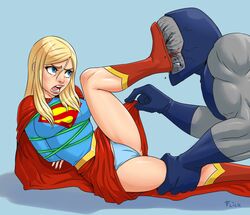 angry arms_behind_back blonde_hair blue_eyes blue_panties bondage darkseid dc depowered flick heroine imminent_sex kryptonite medium_breasts open_mouth panties restrained skirt_lift supergirl superheroine superman_(series) supervillain the_new_gods underwear villain