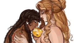 apple blonde_hair breasts breasts_out brown_skin brunette brunette_hair cassandra_of_troy female_only food food_play golden_apple greek_mythology helen_of_troy kinky lesbian nude pale_skin seductive seductive_smile suggestive the_epic_cycle trojan_war trojan_women yuri