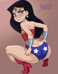 1girls artist_name ass ass_crack ass_focus back_view big_ass butt_crack dc dc_comics dcau from_above from_behind gradient_background justice_league justice_league_unlimited looking_at_viewer looking_back necronnus rear_view showing_ass simple_background solo squatting text tiara wonder_woman younger_female