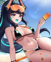 1girls beach big_breasts bikini black_hair fanart female female_only indie_virtual_youtuber light-skinned_female light_skin long_hair looking_at_viewer red_eyes sexy thick_thighs viaprika virtual_youtuber vtuber