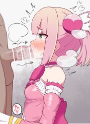1boy 1girls arararajru36 blowjob blush chiyoda_momo clothed cum cum_in_mouth fellatio female machikado_mazoku male oral penis pink_hair