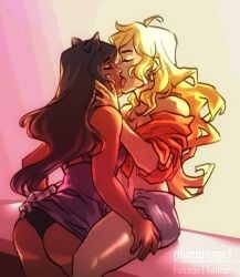 2girls black_hair blake_belladonna blonde_hair canon_couple lesbian_couple rwby yang_xiao_long