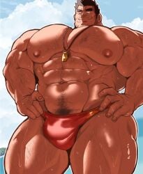 1boy abs beach daddy dilf facial_hair flaccid flaccid_penis gay hairy hairy_chest hairy_male horny imminent_penetration imminent_sex kaeru333938123 lifeguard looking_at_viewer male male_only outdoors outside p.e._teacher pecs pleasure_face pov pov_eye_contact pubic_hair red_(kaeru333938123) seductive seductive_eyes seductive_look seductive_smile solo solo_male sportswear sweat sweatdrop sweating sweaty_armpits sweaty_body teacher teacher_and_student thong wet wet_body yaoi