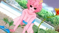 3d beach bikini black_sclera boku_no_hero_academia frilled_bikini koikatsu mina_ashido my_hero_academia on_hands_and_knees perfect_idiot pink_hair pink_skin short_hair smiling swimsuit teenager topless