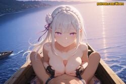 1boy 1girl ai_generated beach black_gloves blunt_bangs blush boat braid breasts breasts_squeezed_together closed_mouth collarbone crown_braid elf emilia_(re:zero) fingerless_gloves floating_hair flower gloves hair_flower hair_ornament hair_ribbon hetero lake large_breasts long_hair looking_at_viewer medium_breasts mosaic_censoring mountain mountainous_horizon navel nipples nivora nude ocean outdoors paizuri patreon penis pointy_ears pov purple_eyes purple_ribbon re:zero_kara_hajimeru_isekai_seikatsu ribbon rose silver_hair smile solo_focus sunlight sunrise sunset topless uncensored water watercraft white_flower white_hair white_rose x_hair_ornament