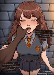 ai_generated brown_hair cheating cuckold dark-skinned_male dark_skin finger_in_mouth harry_potter hermione_granger hogwarts hogwarts_school_uniform medium_breasts netorare ntr opening_mouth popalina school_uniform student_and_teacher text thumb_in_mouth