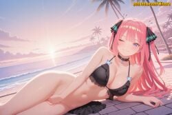 1girl ;) ai_generated bare_arms bare_shoulders beach bikini black_bikini black_choker black_ribbon blue_eyes blush bottomless breasts butterfly_hair_ornament choker cleavage closed_mouth cloud collarbone covering_crotch covering_privates day frilled_bikini frills go-toubun_no_hanayome groin hair_ornament hair_ribbon halterneck heart large_breasts lens_flare long_hair looking_at_viewer lying medium_breasts nakano_nino navel nino_nakano nivora ocean on_side one_eye_closed outdoors palm_tree pink_hair ribbon sky smile solo stomach string_bikini sunset swimsuit thighs tree two_side_up very_long_hair water