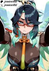 1girl ai_generated aqua_eyes aqua_hair black_hair blush bodystocking breasts clothing colored_inner_hair earrings english_text eyewear female genshin_impact glasses green_eyes green_hair hair_ornament jennieart02 jewelry large_breasts long_hair long_sleeves looking_at_viewer makeup multicolored_hair patreon patreon_logo patreon_username red-framed_eyewear semi-rimless_eyewear solo sweat tassel tassel_earrings twitter twitter_username two-tone_hair very_long_hair watermark xianyun_(genshin_impact)