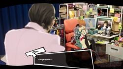 3d_(artwork) action_figure are_ya_winning_son bedroom brown_hair bunnxarts caught caught_in_the_act caught_masturbating clothes clothes_on dyed_hair fuuka_yamagishi glasses headphones headphones_around_neck makoto_niijima makoto_yuki meme meme_reference orange_hair persona persona_3 persona_5 ren_amamiya sae_niijima sakura_futaba shadow_self_(persona) sojiro_sakura watching watching_porn watching_sex
