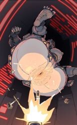 1girls adam_smasher anus anus_focus ass_attack ass_focus big_ass big_breasts bullet bulletproof cd_projekt_red cyberpunk:_edgerunners cyberpunk_2077 cyborg digital_media_(artwork) falling feet hairy_anus light_skin looking_down minigun night night_sky pizzlet pussy red_eyes robot robot_girl robot_head rule_63 solo