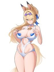1girl animal_ears blonde_hair breasts choker commentary eyes_visible_through_hair goggles goggles_on_head green_eyes hair_intakes hair_over_one_eye heart heart_pasties highres horse_ears horse_girl horse_tail large_breasts multiple_views navel official_alternate_costume one-piece_swimsuit open_mouth pasties ponytail purple-tinted_eyewear sigrid_de_l'azur simple_background smile swim_goggles swimsuit tail tinted_eyewear tongue tongue_out v white_background white_one-piece_swimsuit zenless_zone_zero