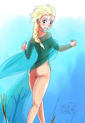 ass back_view blush disney elsa_(frozen) embarrassed female female_only frozen_(film) human no_panties solo wulfsaga