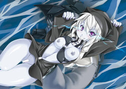 bar_censor blush bottomless breasts censored female from_above gekato grin highres hooded_jacket kantai_collection lying nail_polish navel nipples on_back open_clothes pale_skin partially_submerged personification purple_eyes re-class_battleship shinkaisei-kan sleeves_past_wrists smile solo thigh_gap water white_hair