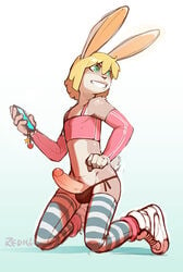 anthro cellphone crossdresser crossdressing elbow_gloves erection femboy fur furry girly gloves humanoid_penis kneeling lagomorph laini male male_only mammal midriff panties penis phone rabbit redic-nomad solo stockings striped_stockings thigh_highs trap underwear