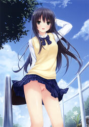 bag black_hair bowtie cardigan coffee-kizoku dress_shirt female highres long_hair looking_at_viewer no_panties open_mouth pleated_skirt pussy shiramine_rika uncensored very_long_hair