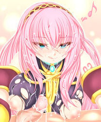 :q blue_eyes breasts calcio censored cum cum_on_body cum_on_breasts cum_on_hair cum_on_upper_body female highres male megurine_luka musical_note naughty_face nipples paizuri paizuri_over_clothes penis pink_hair straight tongue torn_clothes vocaloid