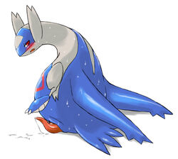 back_turned blush cum cum_splatter feral latios legendary_pokemon looking_at_viewer male male_only nintendo open_mouth penis plain_background pokemon pokemon_(species) red_eyes solo sweat tapering_penis video_games white_background wkar