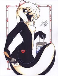 2002 anthro breasts cute feline female fur furry heart hi_res high_resolution highres looking_at_viewer looney_tunes michele_light nipples nude paint painting penelope_pussycat pepe_le_pew pink_nose pinup skunk smooth_fur solo warner_brothers