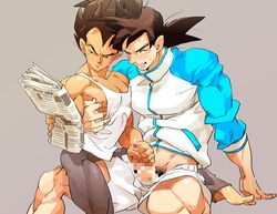 2boys arched_back arm_around_back arm_support bara blush boner brown_eyes brown_hair censored closed_eyes clothed_sex dragon_ball dragon_ball_z erection gay grey_background handjob highres looking_away male male_only male_pubic_hair mosaic_censoring multiple_boys multitasking muscle muscles newspaper nipple_tweak nipples pants penis pubic_hair reading shirt_lift shorts sitting sitting_on_lap sitting_on_person size_difference smile son_goku supobi sweat tank_top track_jacket vegeta yaoi