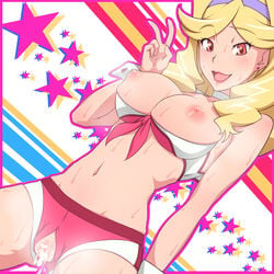 1girls artist_request blonde_hair breasts cum cum_in_pussy female honey_(space_dandy) lipstick long_hair looking_at_viewer navel nipples open_mouth pussy short_shorts shorts smile solo space_dandy sweat v wrist_cuffs