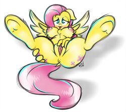 2014 anthro anthrofied anus breasts chest_tuft ep777 equine female fluttershy_(mlp) friendship_is_magic fur hair hooves horse legs_up mammal my_little_pony nipples pegasus pink_hair pony presenting pussy solo spread_legs spreading straight_hair tongue tuft wings yellow_fur