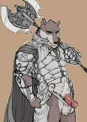 1boy armor axe bear bottomless cape erection furry iotran looking_at_viewer male male_only penis pockyrumz precum solo testicles warrior weapon