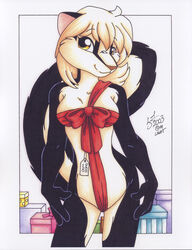 2003 anthro christmas english_text female fur furry gift hi_res high_resolution highres holidays living_gift looking_at_viewer michele_light new_year nude pinup pose ribbon_bondage ribbons skunk smile solo standing text traditional_media wrapped